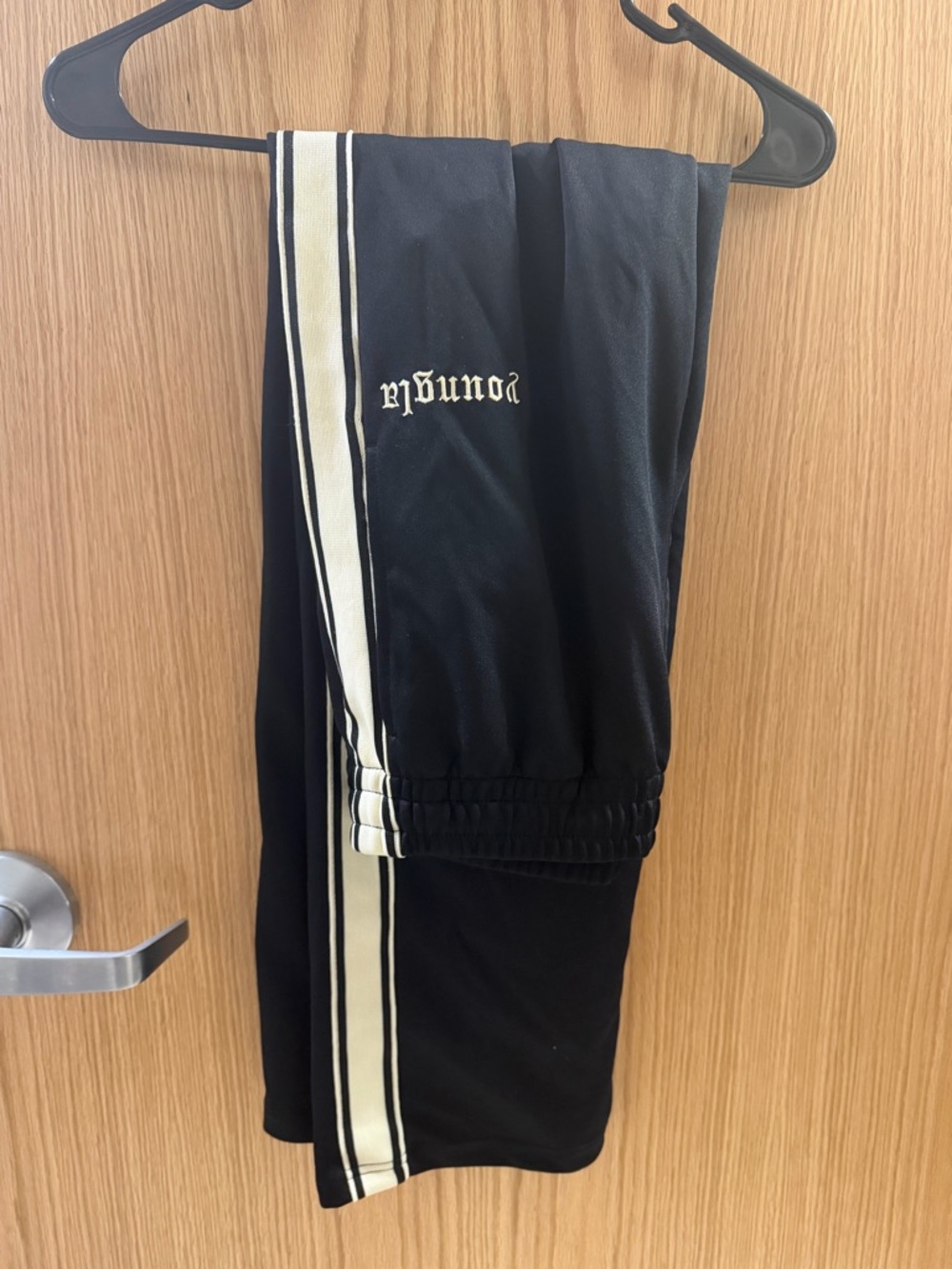 Mens YoungLa Black Track Pants with Cream Side Stripe
